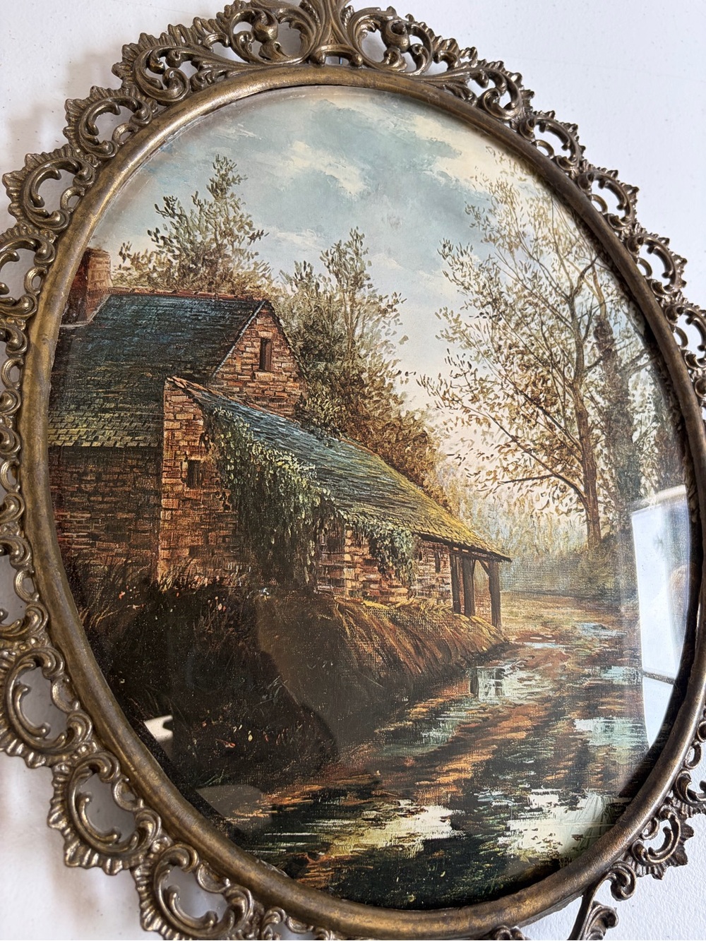 Vintage Convex Glass Landscape Art Ornate Metal Oval Frame Rococo Wall Decor - Picture 2 of 10